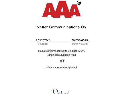 Vetter Communications on noussut korkeimpaan AAA®-luottoluokitukseen